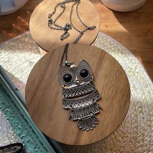Long, silver owl necklace.